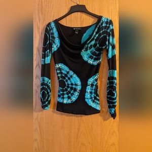 INC International Concepts blouse. Black/teal tie-dye, S.